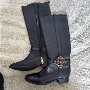 Tory Burch Black and Gold Over the Knee Boots